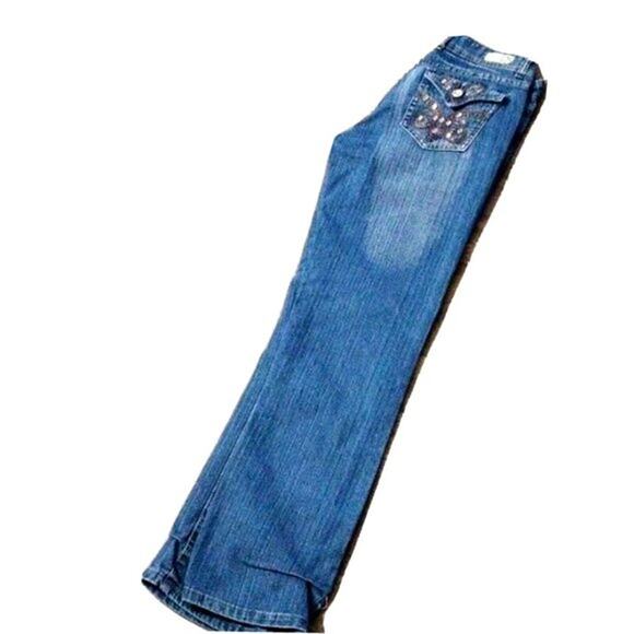 Y2K Kaba Jeans Jeweled Jrs Sz 11 28W x 40L Straight Leg Bling Bohemian Party WOW - Picture 10 of 16
